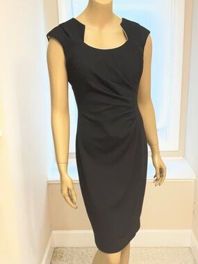 Classic Calvin Klein Black Sheath Dress,Cap Sleeves - Cream Accent at Neckline